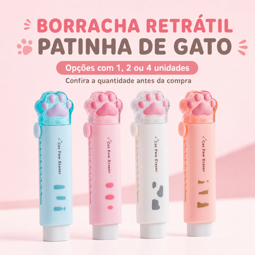 Borracha Retrátil Patinha de Gato Kawaii Escolar Papelaria Fofa | 1, 2 ou Kit 4 Cores