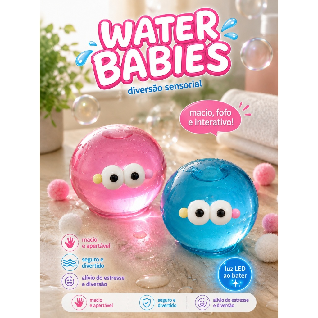 Squishy Water Babies Bola de Gel com LED Antiestresse Sensorial Olhos Removíveis Brinquedo d Apertar