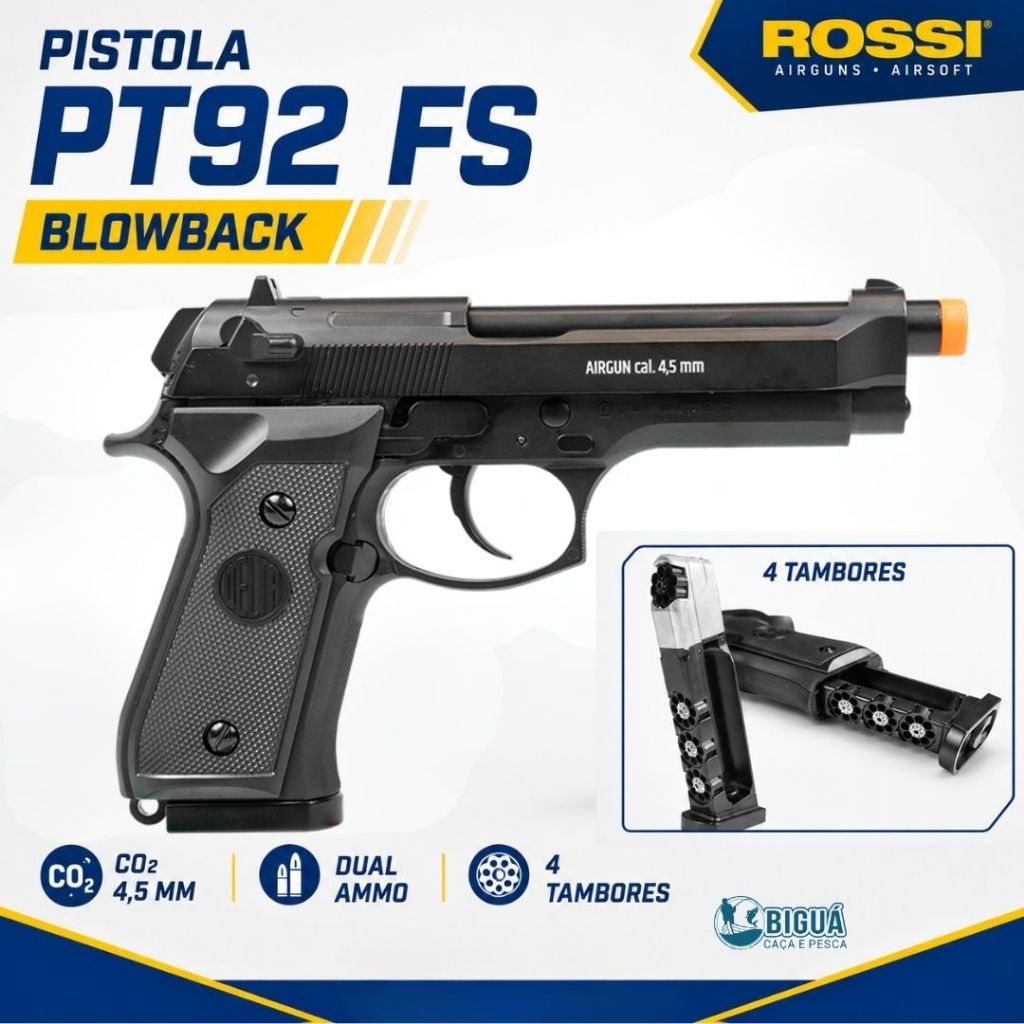 Pistola de Pressão CO2 Delta PT92 FS Dual Ammo Blowback 4,5mm + Kit