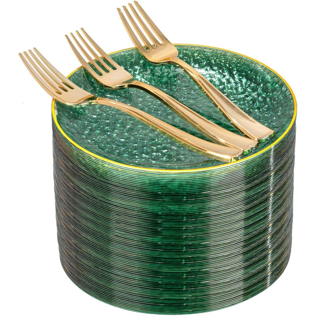 Kit descartável festa 200 peças para 100 pessoas, 100 pratos sobremesa verdes dourados e 100 garfos