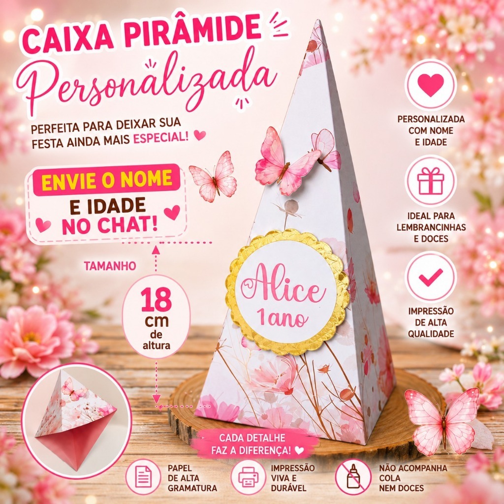 caixa piramideJardim Encantado Rosa Festa Personalizada - jardim das borboletas jardim das margaridas Pegue e Monte
