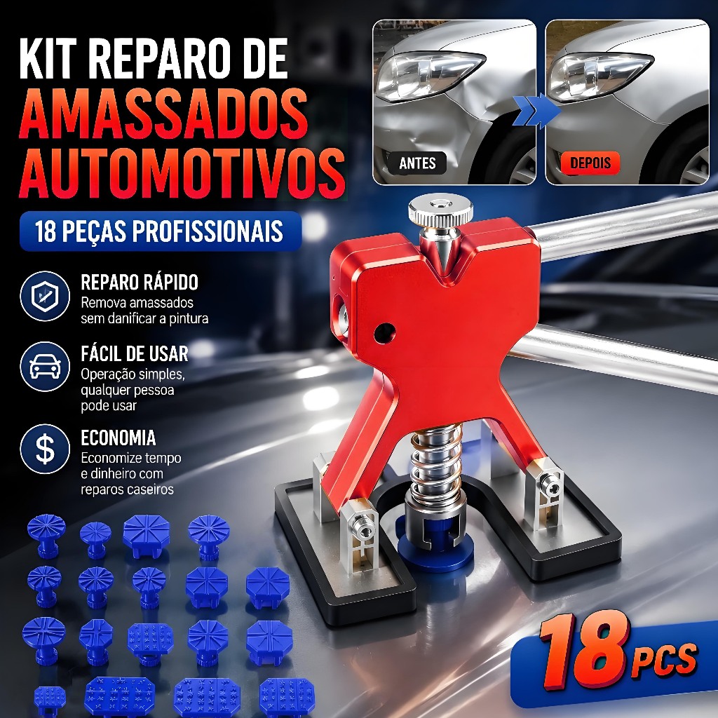 Kit 18 Peças Ferramentas para Reparo de Mossa Sem Pintura Inclui Martelo de Tubarão e Repuxador