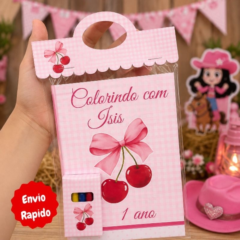 kit livrinhos de colorir e giz personalizado cerejinha lembrancinhas de festa infantil mêsversário aniversário