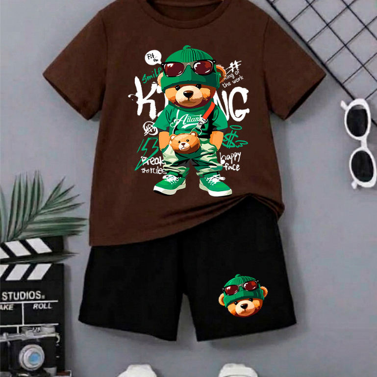 Kit Infantil Masculino Camiseta e Bermuda Moletinho Estampada Urso Grafite Confortável e Estiloso