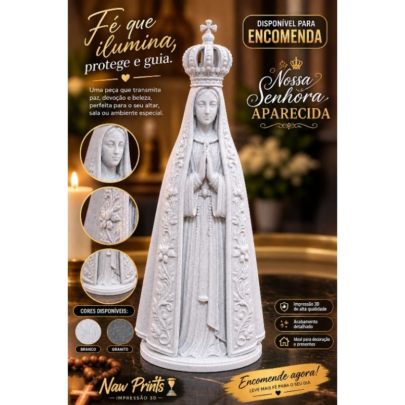 Nossa Senhora Aparecida Decorativa | Imagem Religiosa em Impressão 3D | Branco ou Granito | Presente Católico