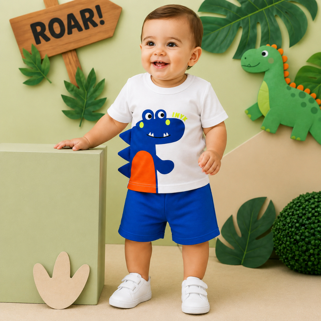 Conjunto Bebê Menino Dinossauro Camiseta Manga Curta com Short Roupa Infantil Confortável para Verão