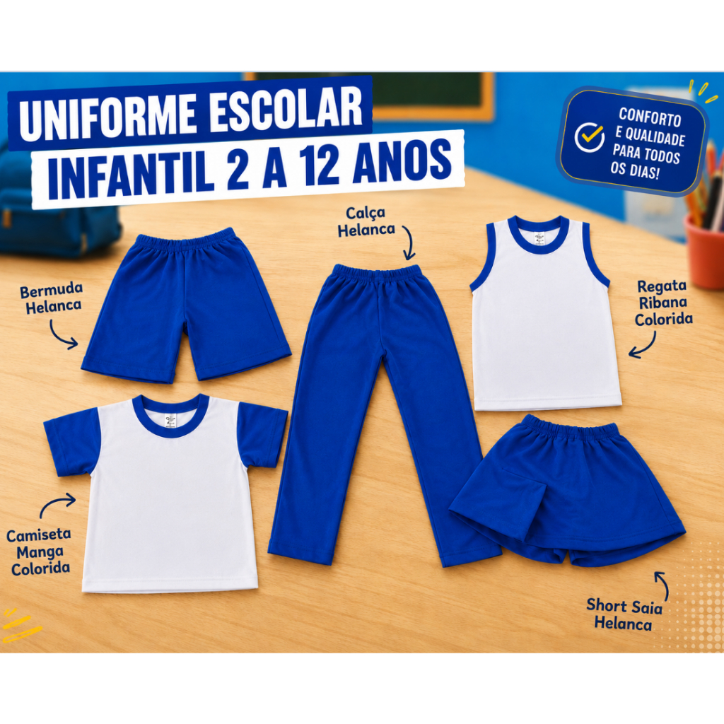 Uniforme escolar infantil short saia calça bermuda camiseta menino menina 2 a 12 anos azul royal