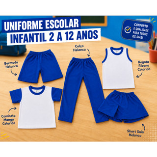 Uniforme escolar infantil short saia calça bermuda camiseta menino menina 2 a 12 anos azul royal