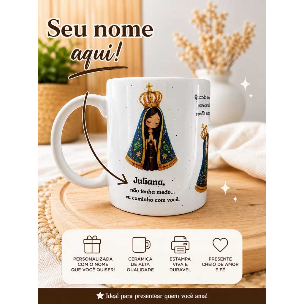 Caneca Personalizada Nossa Senhora Aparecida de Cerâmica Branca - Presente Católico Religioso