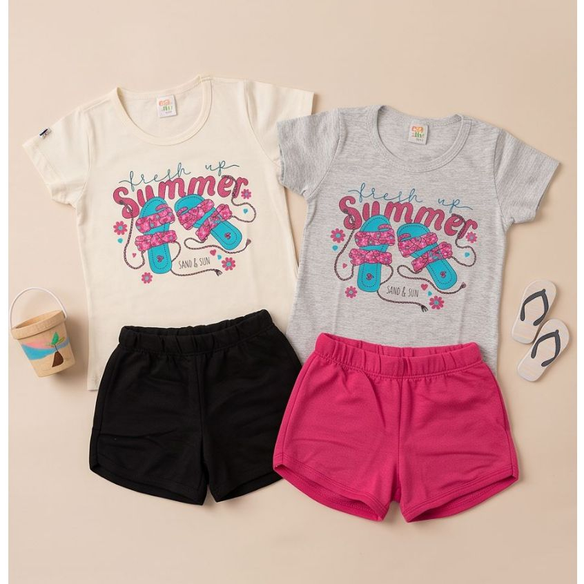 Kit 4 Peças Conjuntos Infantil Menina Camiseta e Shorts Estampas Sortidas Algodão Fresco