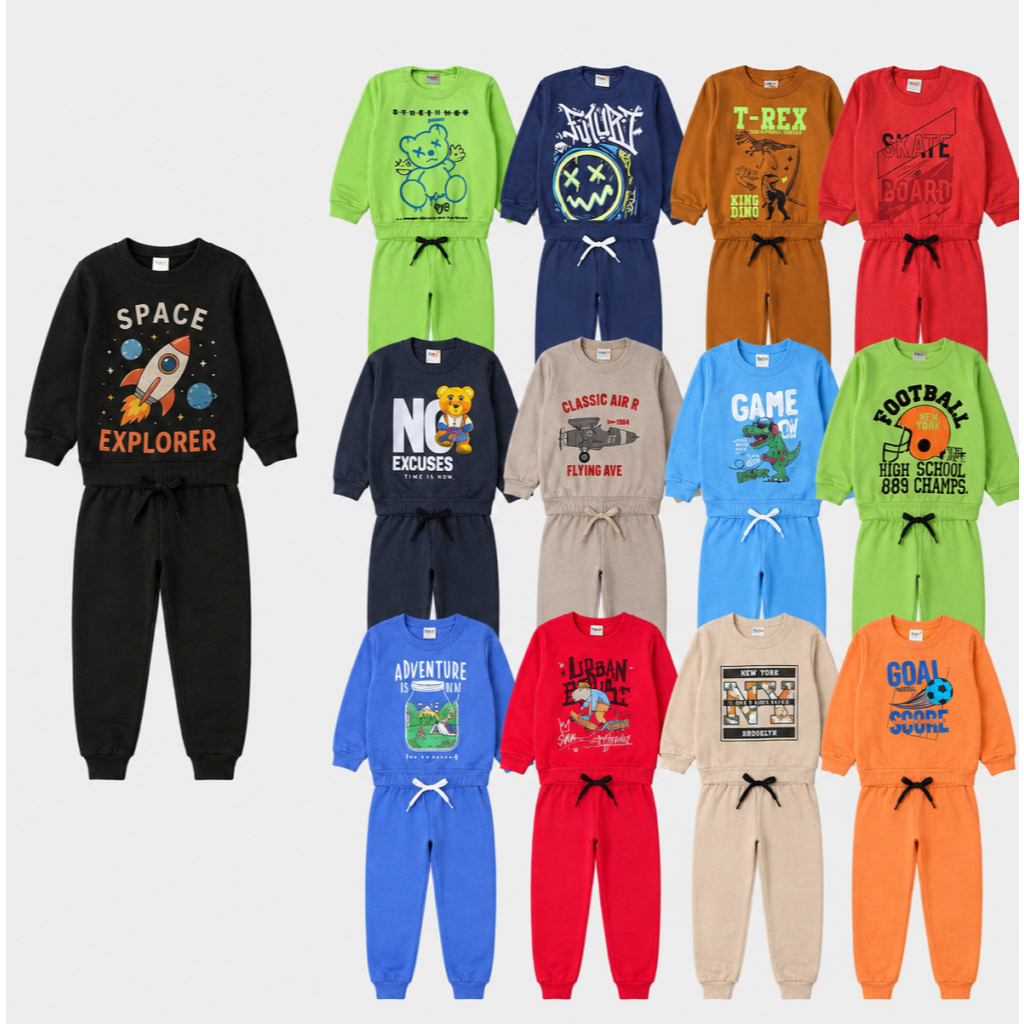 Kit 3 Conjuntos Moletom Infantil Menino Inverno 6 Peças Casacos + Calças Tamanhos 1 ao 8