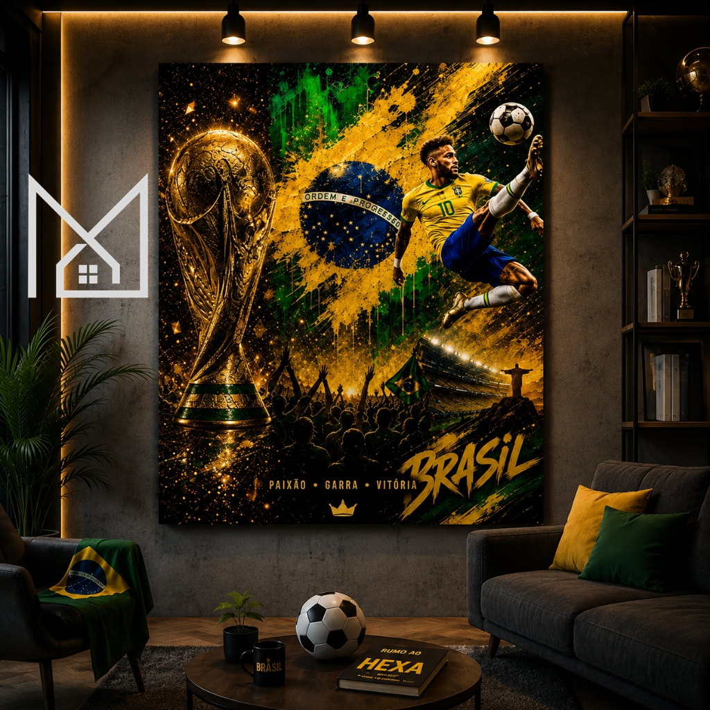 Quadro Seleção Brasil Copa Do Mundo Decoração Futebol Bandeira Brasileira Torcida Quadro MDF Sala Quarto Hexa 3 Casa