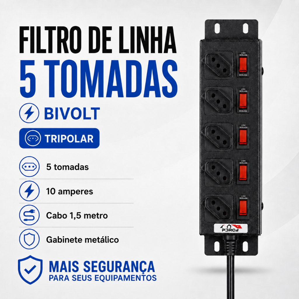 Régua Filtro de Linha 5 tomadas bivolt DPS protetor contra surtos elétricos preto 10A disjuntores individuais Force Line