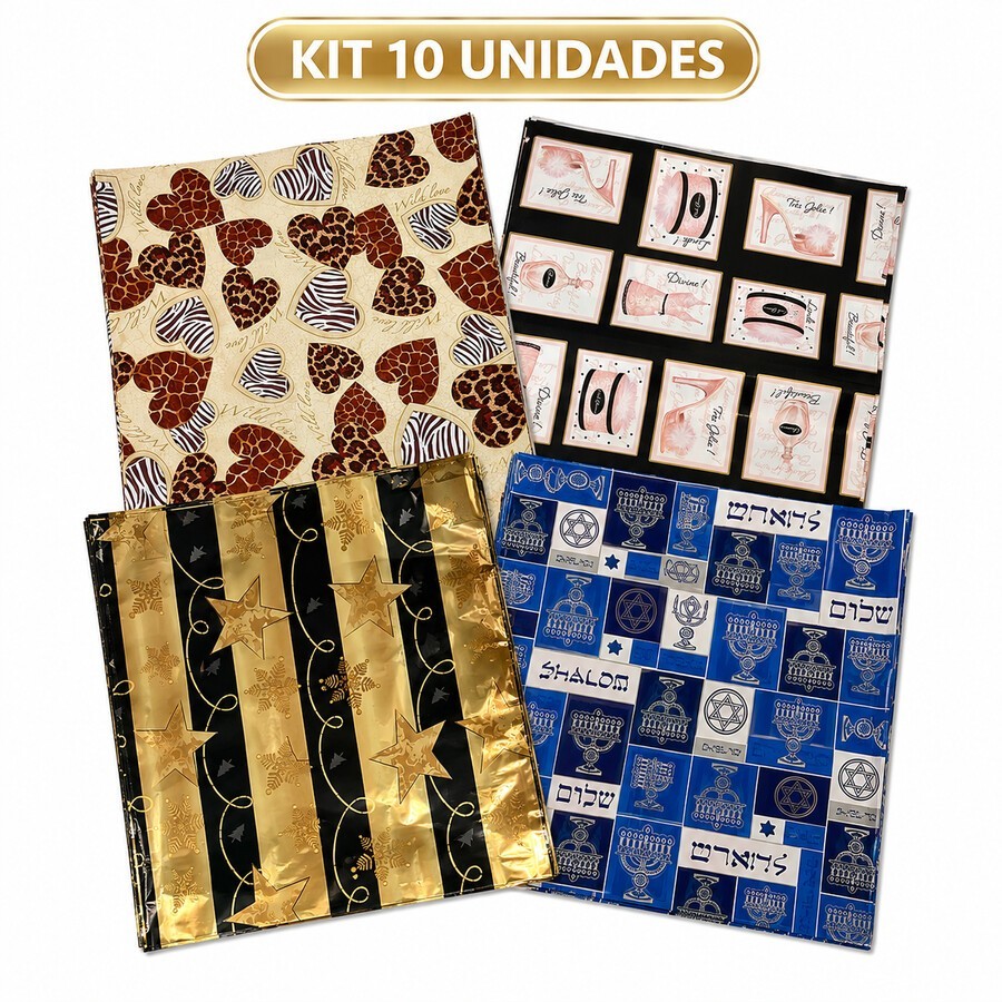 Kit 10 Sacos para Presente Metalizados 30x44 cm Estampado e Liso Tamanho Grande Fosco e Brilhante