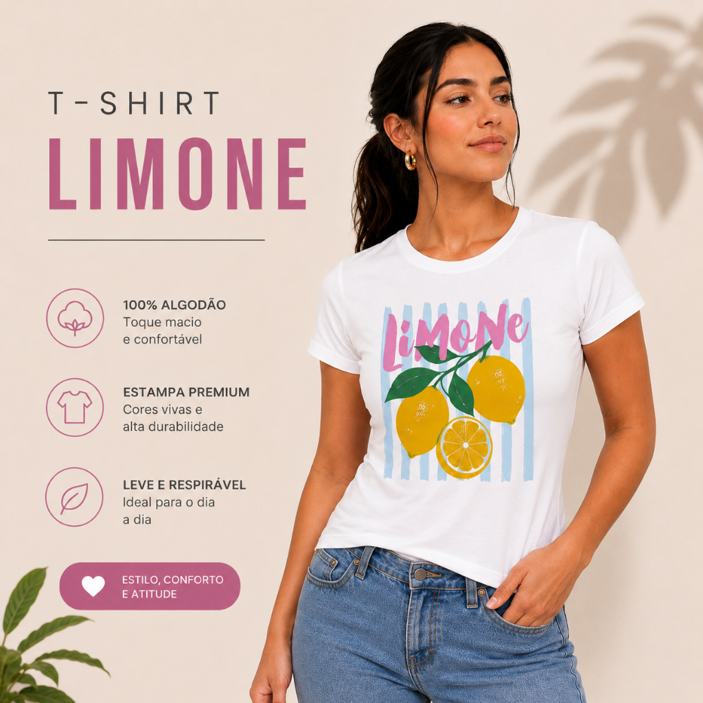 Baby Look Feminina 100% Algodão Estampada Limone Camiseta Feminina Básica Casual Confortável