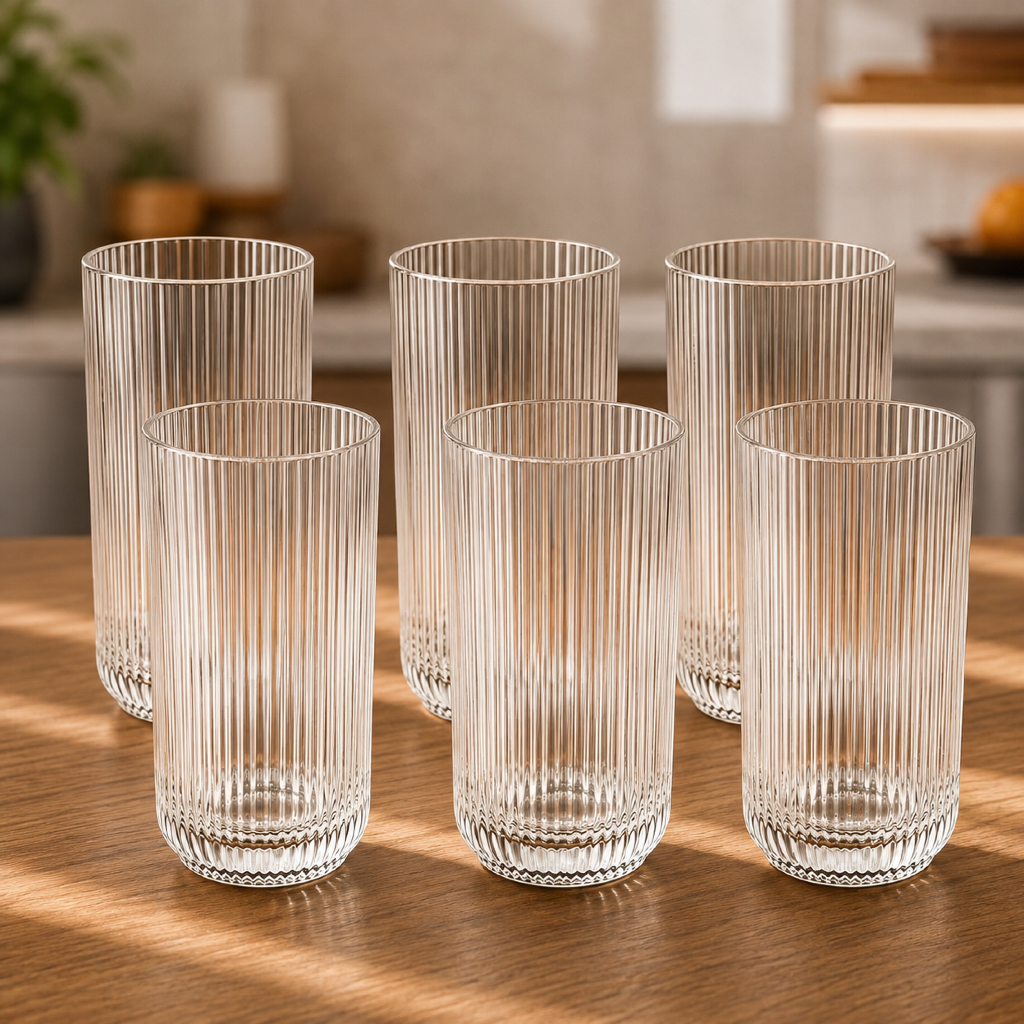 Jogo 6 Copos De Vidro Canelado 450 ML Resistente Para Água Suco E Drinks