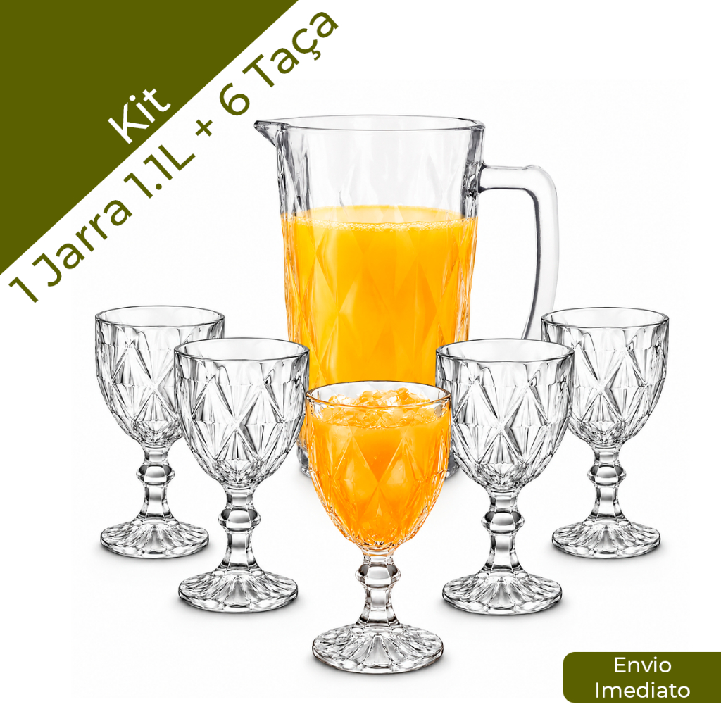 Jogo De Jarra 1100ml Diamond + 4 ou 6 Taças 340ml Diamond Suco Agua Transparente Luxo