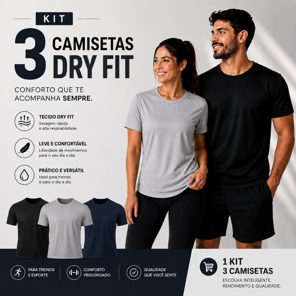 Kit 3 Camisetas Dry Fit Unissex Adulto – Ideal para Academia, Esporte e Lazer