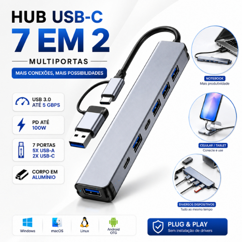 Hub USB-C 7 em 2 USB 3.0 5Gbps PD 100W Multiportas para Notebook MacBook PC Celular Tablet OTG Windows Mac Linux Android