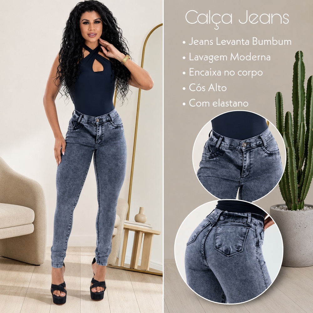 Calça Jeans Feminina Skinny Grafite Cintura Alta Levanta Bumbum Modeladora Com Elastano Premium — imagem 2 de 2