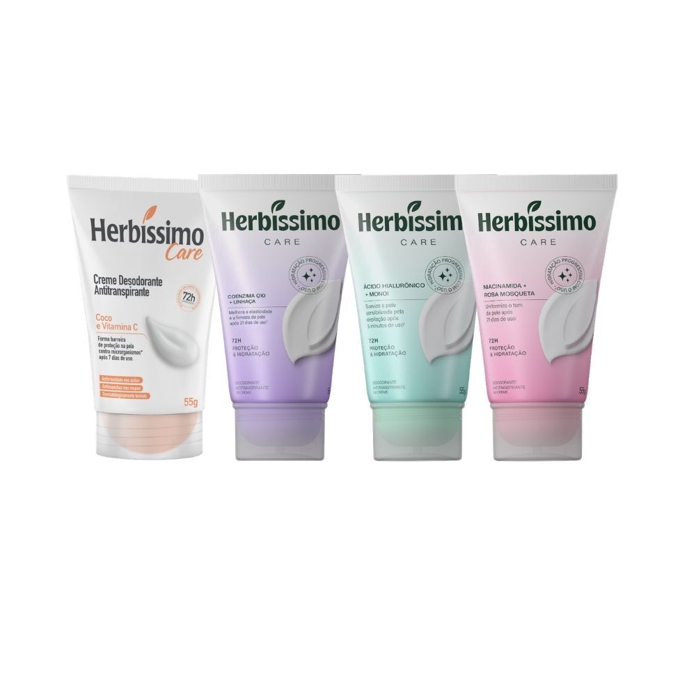 Kit Desodorante Creme Antitranspirante Herbíssimo Care Bisnaga | Rosa Mosqueta + Monoí + Coco + Linhaça 55g (4 unidades)