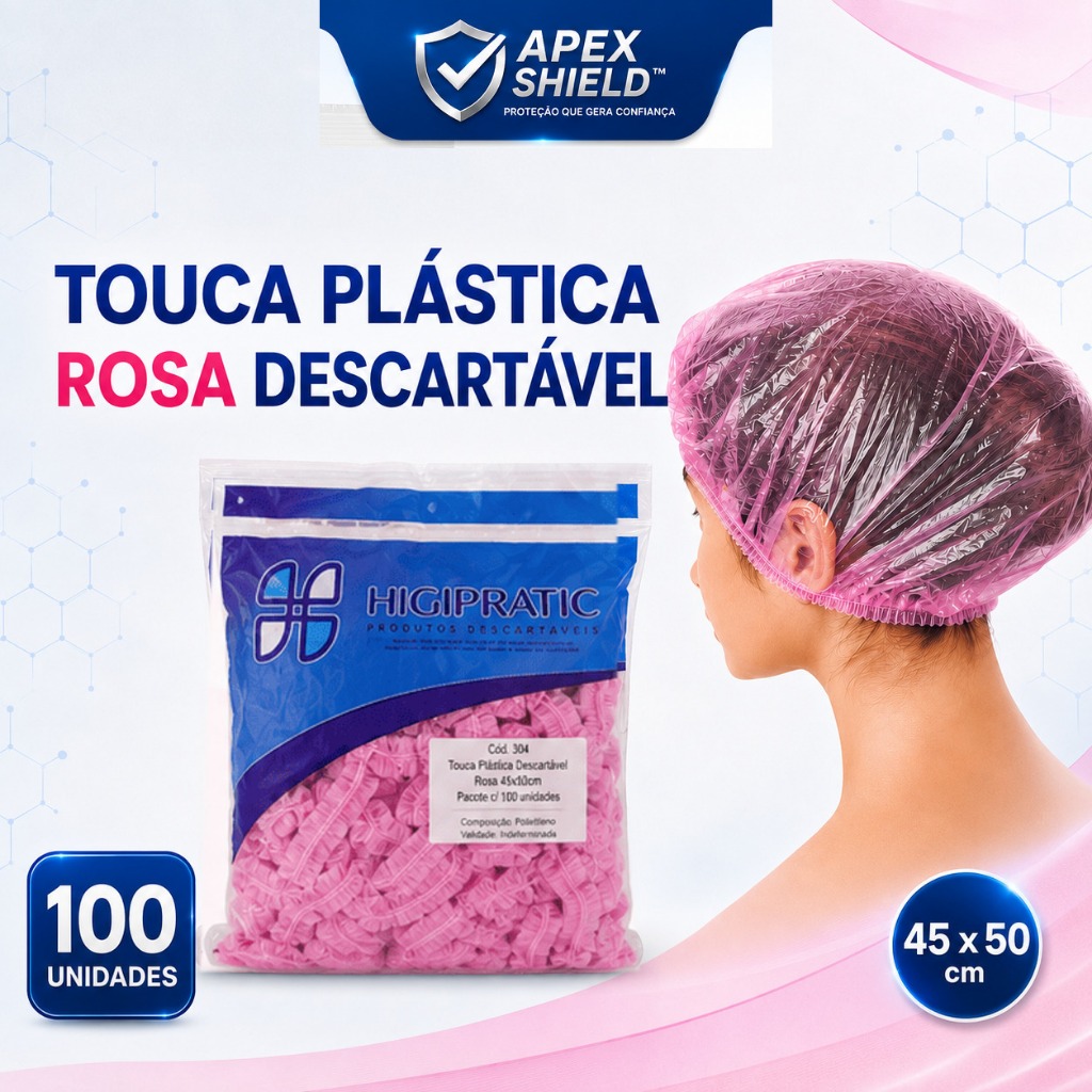Touca Plástica Descartável Rosa 100UN Cabelo, Salão de Beleza, Cabeleireiro, Clínica Estética, Banho