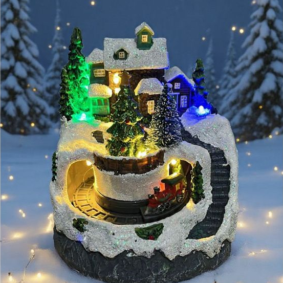 Enfeite Natal LED USB Vila De Natal Cenário Iluminado Resina Com Led Com Movimento Pilha e Cabo USB Enfeite Luxo