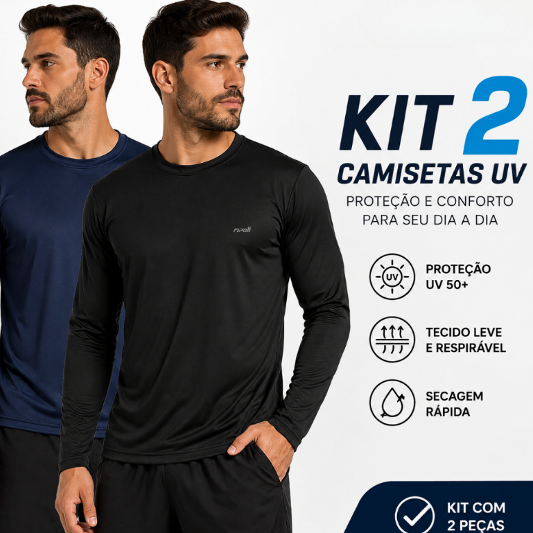 Kit 2 Camiseta Masculina Manga Longa Proteção Solar Uv50+ Segunda Pele Malha Fria Academia Esportes