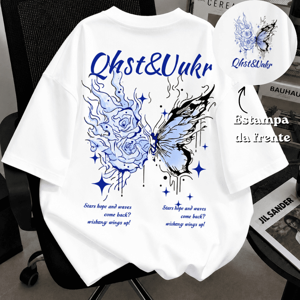 Camiseta Oversized Estampada Borboleta Fogo Blusão 100% Algodão Feminina Masculina Camisetão Stile