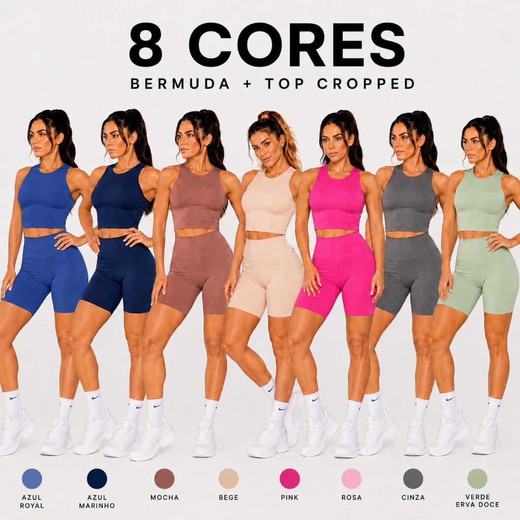 Conjunto Fitness academia Shorts Bermuda e Top Cropped zero transparencia suplex premium toque poliamida Feminina