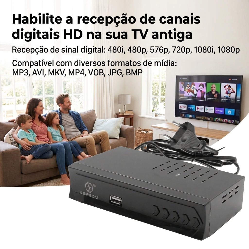 Conversor TV Digital com Gravador USB e HDMI, Full HD 1080p, Controle Remoto e Reprodução de Filmes e Música