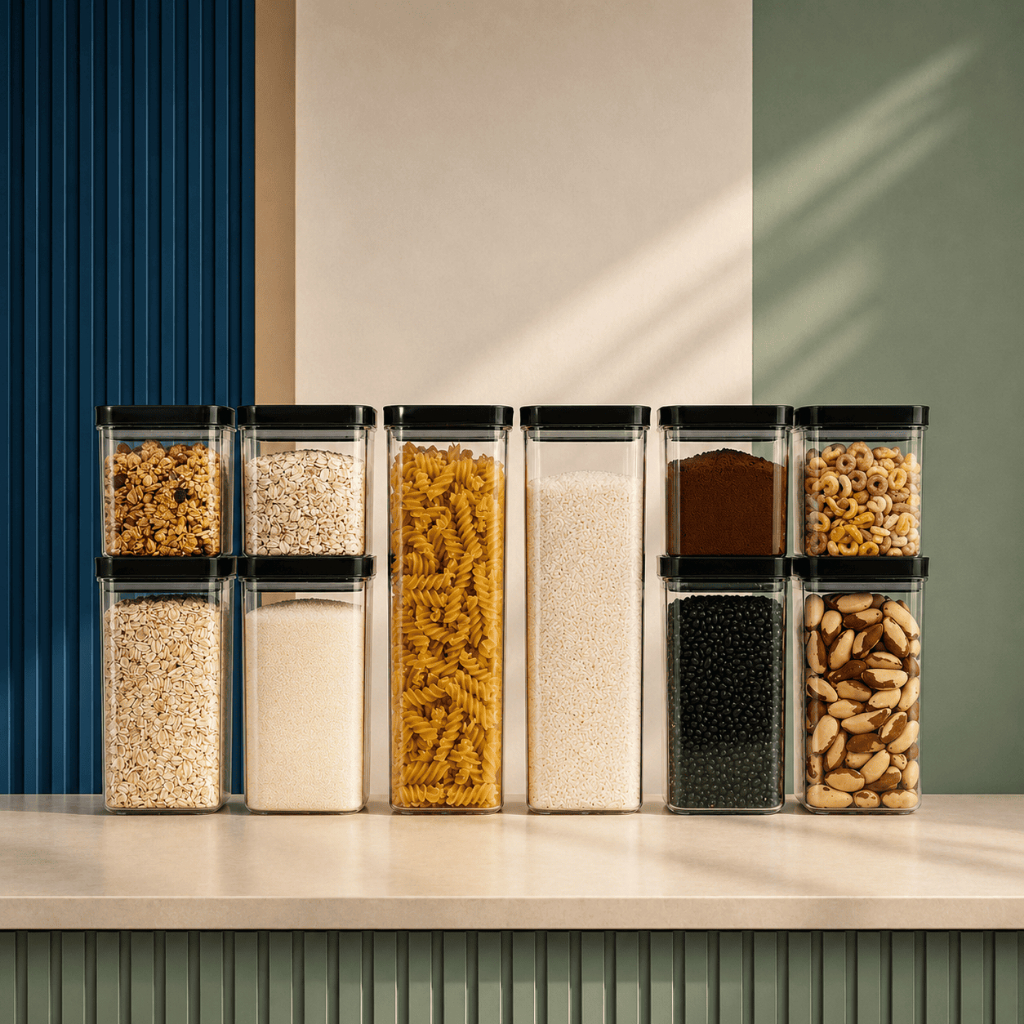 KIT POTES QUADRADOS HERMÉTICOS TAMPA PRETA – Escolha 3, 7 ou 10 | Mantém os Alimentos Frescos | Organize sua Cozinha