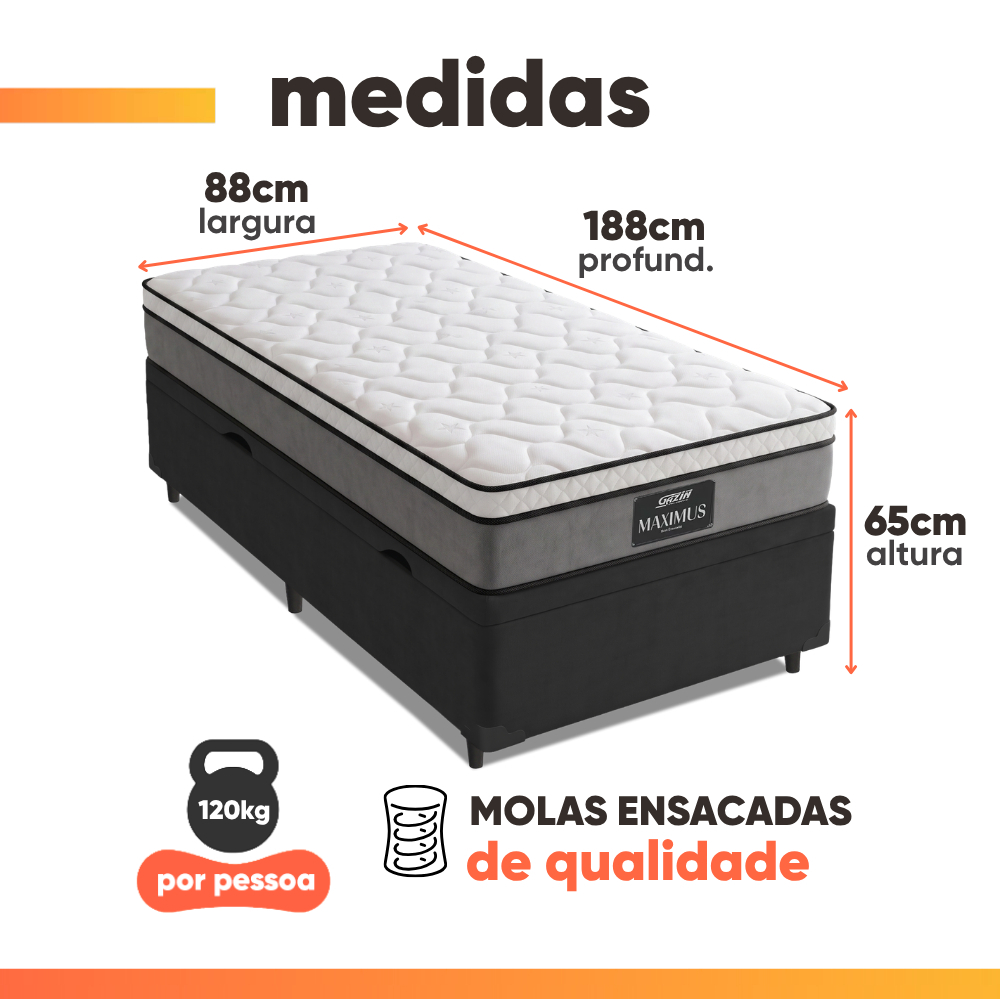 Cama Box Baú Solteiro Colchão Molas Ensacadas Pillow Top Maximus 88x188x69cm Cinza / Preto Gazin · foto 2
