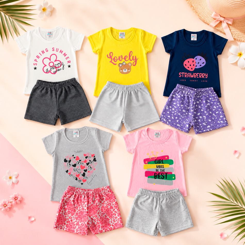 Kit 5 Conjuntos Infantil Menina Verão 10 Peças 5 Camisetas 5 Shorts 100% Algodão Estampa Sortidos