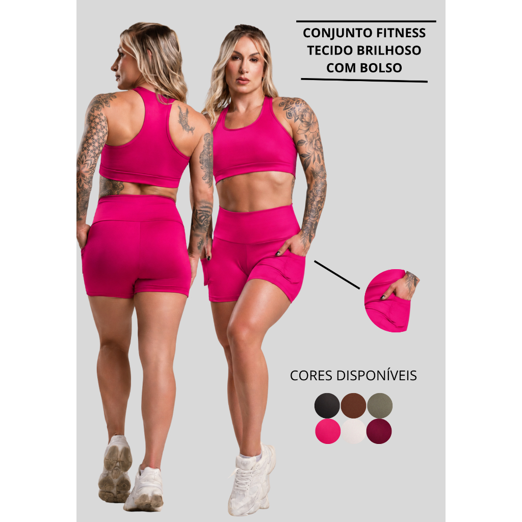 Conjunto Fitness Feminino Brilhoso Academia Top Nadador Liso e Short Com Bolso Cintura Alta Treino ZERO TRANSPARÊNCIA