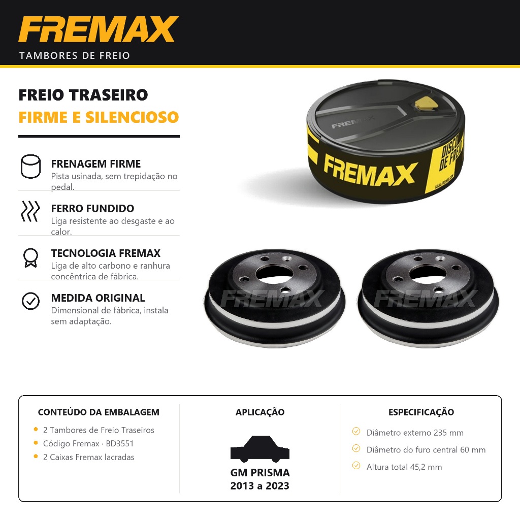 Par Tambor de Freio Traseiro GM PRISMA 2013 a 2023 Fremax