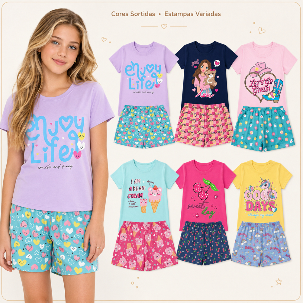 Kit 4 ou 6 ou 8 Peças Infantil Feminino Conjunto Verão Básico Tam 1 ao 14