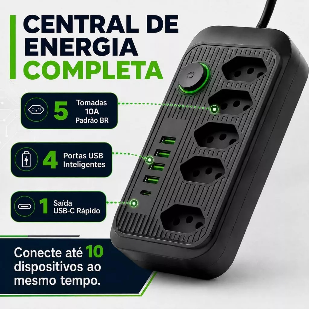Régua Filtro de Linha com 5 Tomadas Extensão Elétrica Universal 4 USB e 1 USB-C Bivolt 10A 110v/220v Cabo de 2 Metros