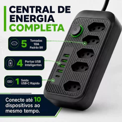Régua Filtro de Linha com 5 Tomadas Extensão Elétrica Universal 4 USB e 1 USB-C Bivolt 10A 110v/220v Cabo de 2 Metros