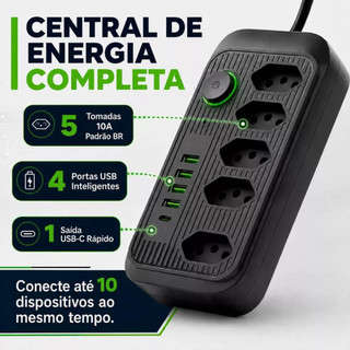 Régua Filtro de Linha com 5 Tomadas Extensão Elétrica Universal 4 USB e 1 USB-C Bivolt 10…