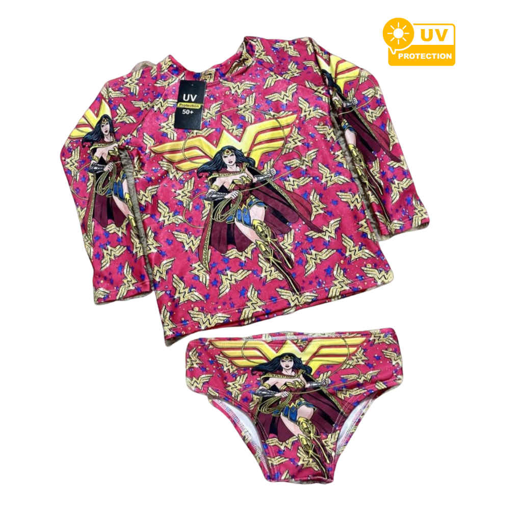 Conjunto de banho com proteção UV 50+ / Natação/ Moda praia infantil / biquíni + camisa Mulher Maravilha