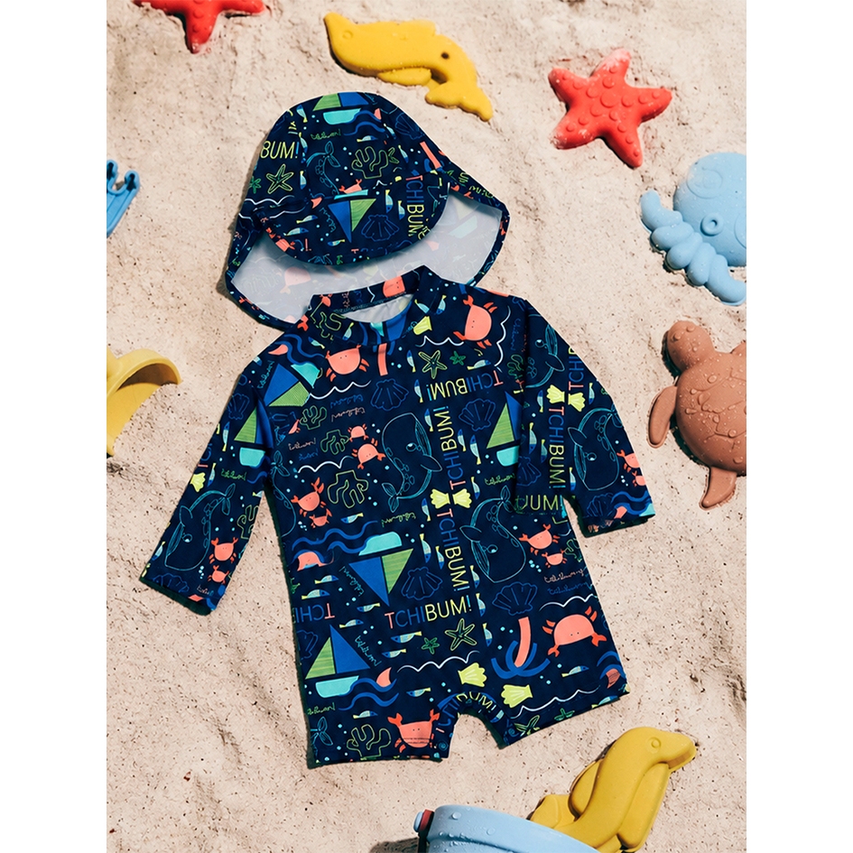 Macaquinho Macacão Menino Bebê praia piscina com Chapéu Proteção UV50+