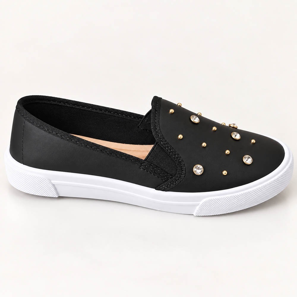 Tenis Feminino Slip On Iate Moleca Palmilha Fofinha Apliques Dourados