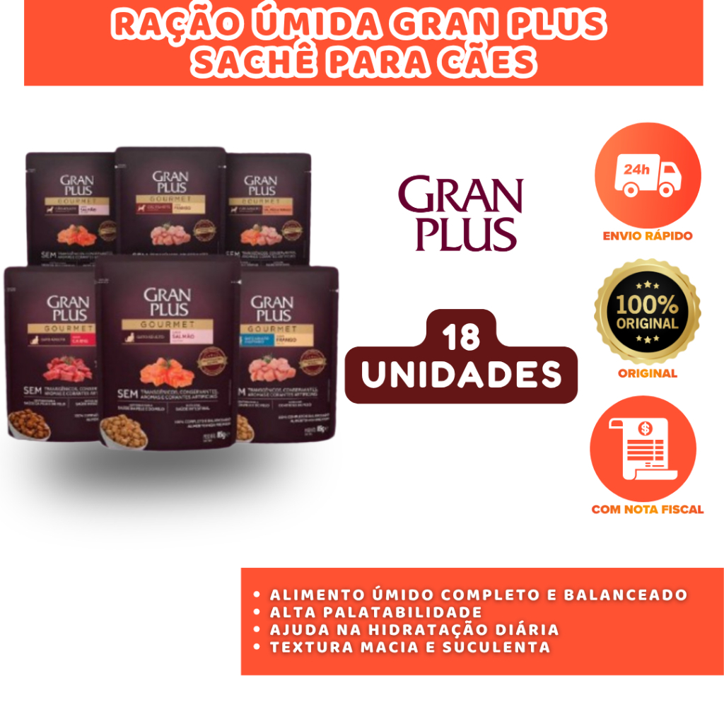 GRAN PLUS SACHÊ PARA CÃES CAIXA COM 18 UNIDADES DE 100G NUTRIÇÃO COMPLETA DIÁRIA