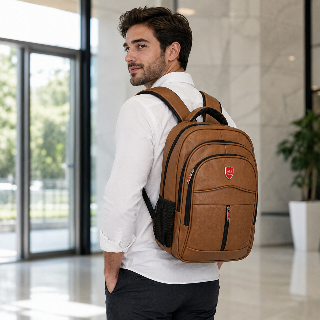 Mochila de Couro Sintético Masculina Executiva Antifurto com Cadeado – Grande, Reforçada e Espaçosa para Notebook