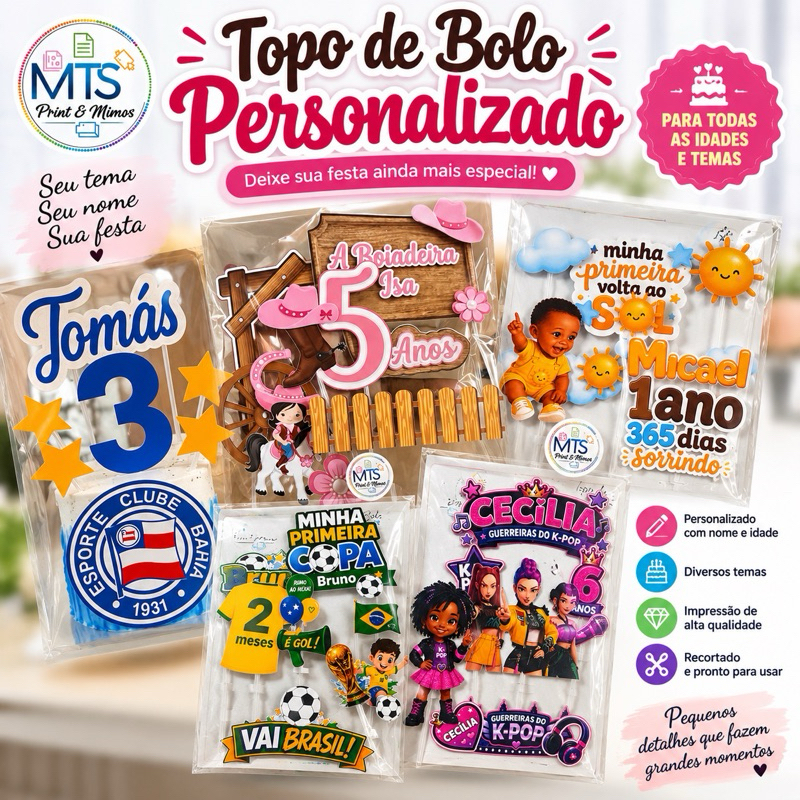 Topo de Bolo Personalizado para Festa – Decoração de Bolo com Nome e Tema