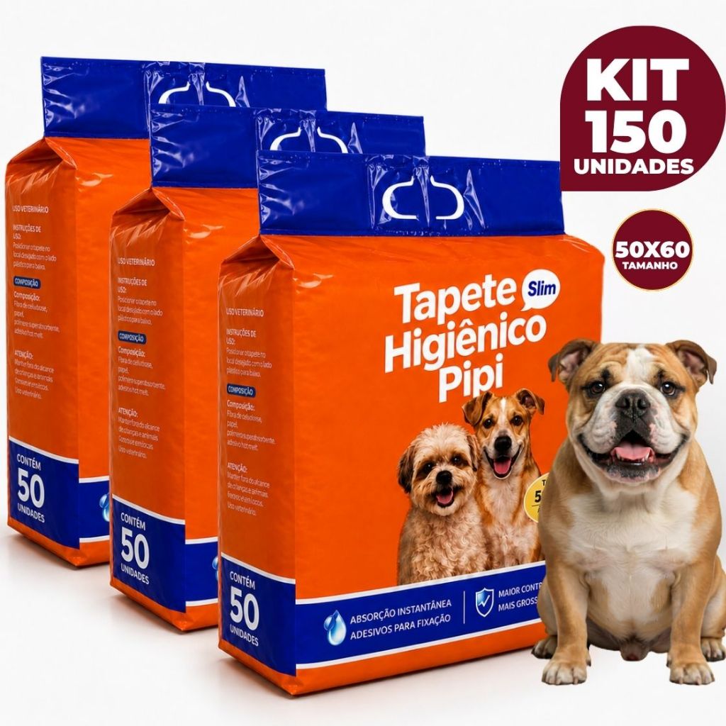 Kit 150 Tapetes Higiênicos Slim Fralda Descartável Absorvente para Cachorro Adulto e Filhote 50x60 cm