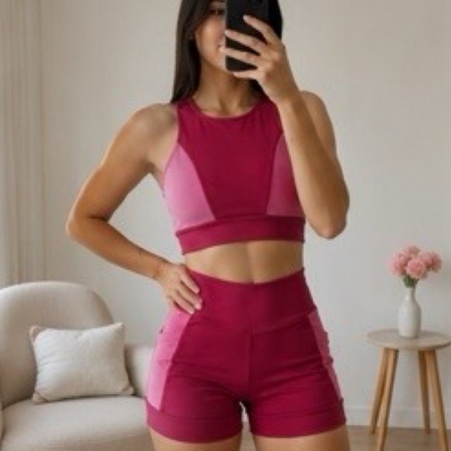 Conjunto Fitness Feminino Short Bolso + Top Academia Cintura Alta Suplex Premium Rosa Pink