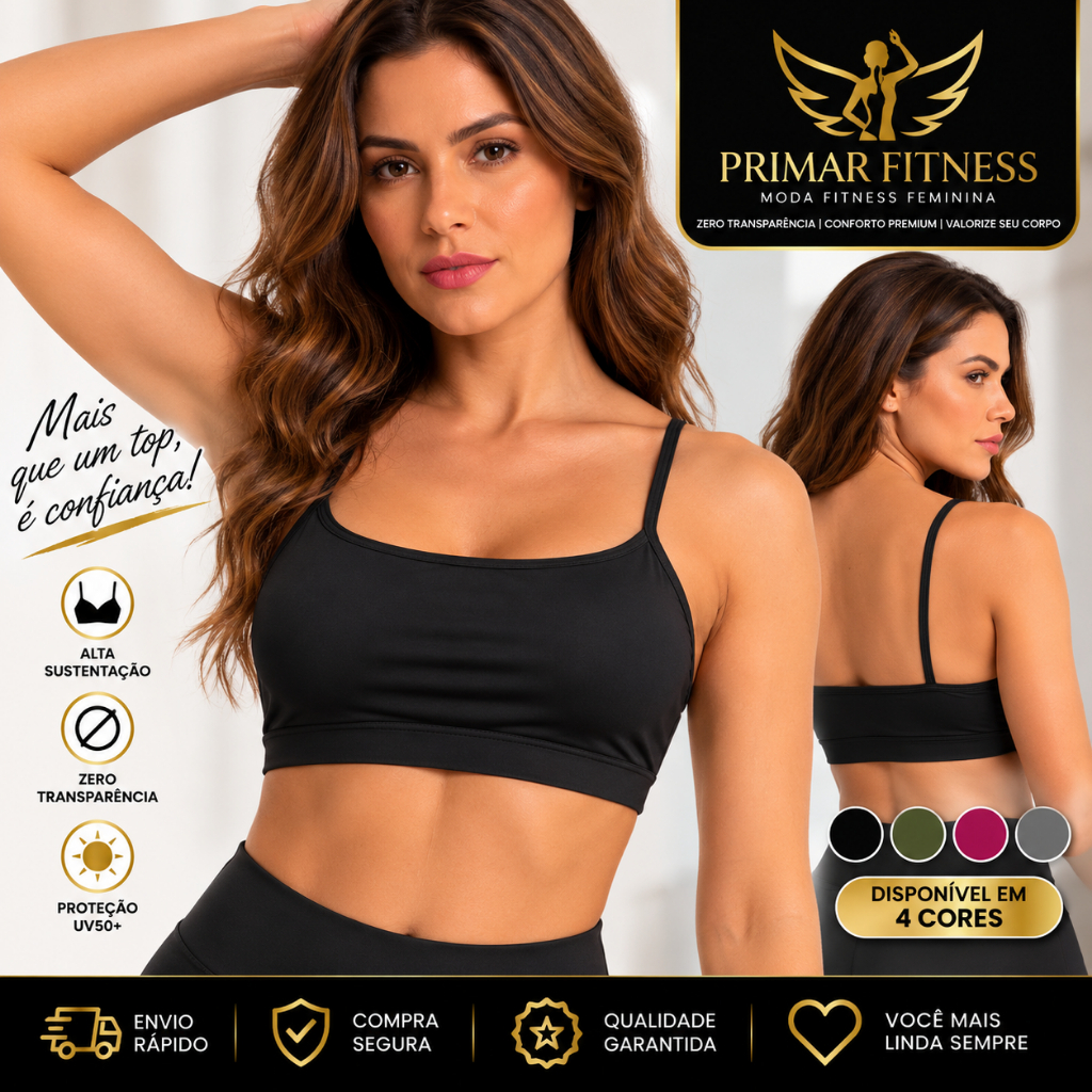 Top Fitness Feminino em Poliamida Com Entrada Para Bojo Alta compressão Proteção UV e Zero Transparência