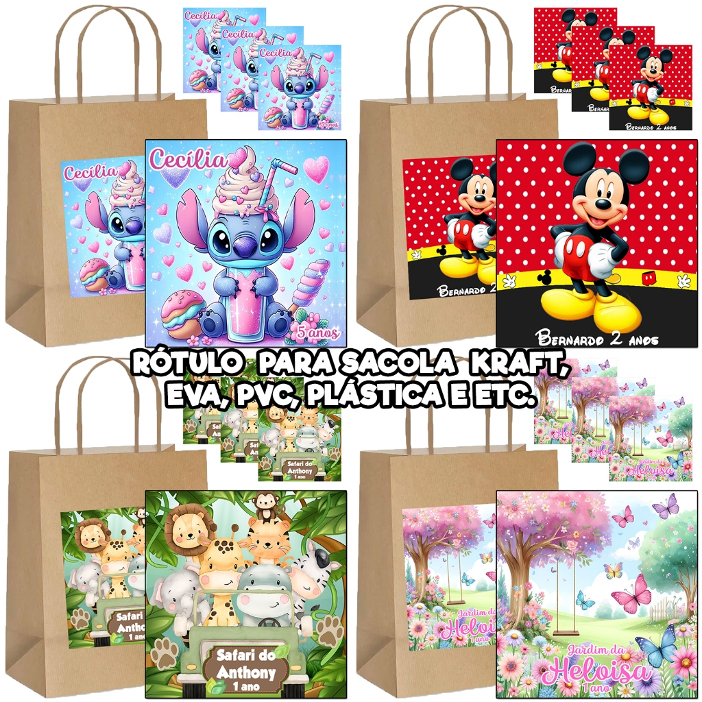 KIT RÓTULOS ADESIVOS PARA SACOLA KRAFT, EVA, PLÁSTICA E ETC TOTAL PERSONALIZADOS LEMBRANCINHA FESTA